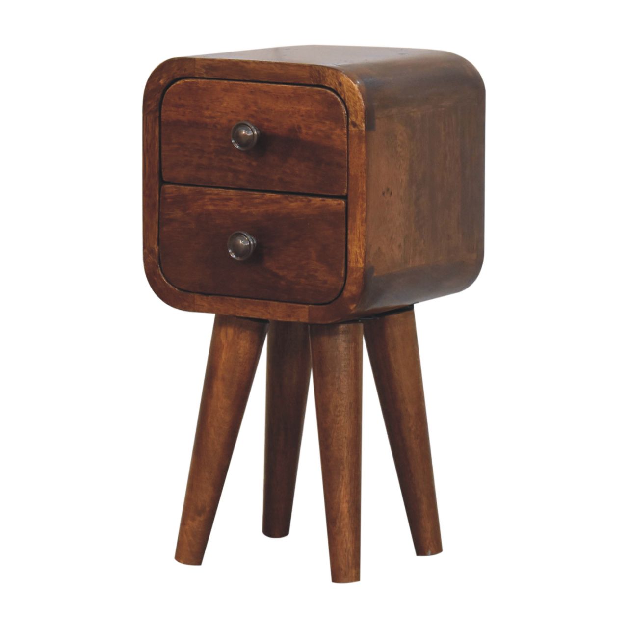 Chestnut Bedside Extra Mini Curved by Maple Manor solid wood bedside table in chestnut brown with two drawers