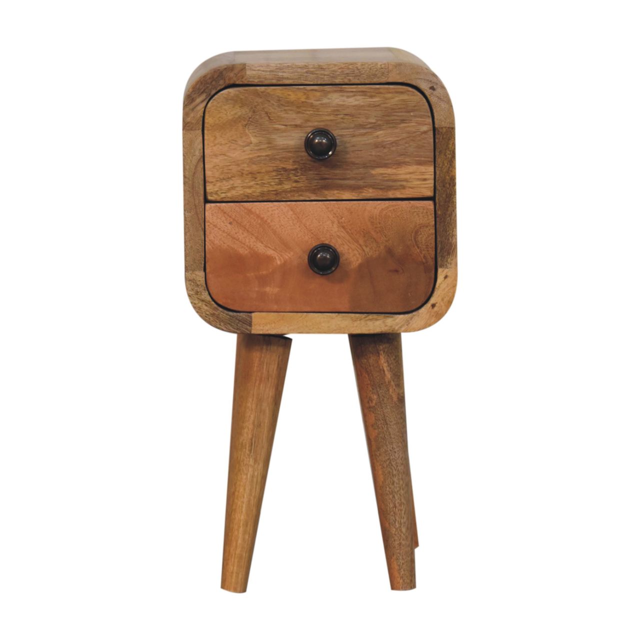 Oak-ish Bedside Extra Mini Curved by Maple Manor bedside table in solid wood with two drawer fronts and round knobs