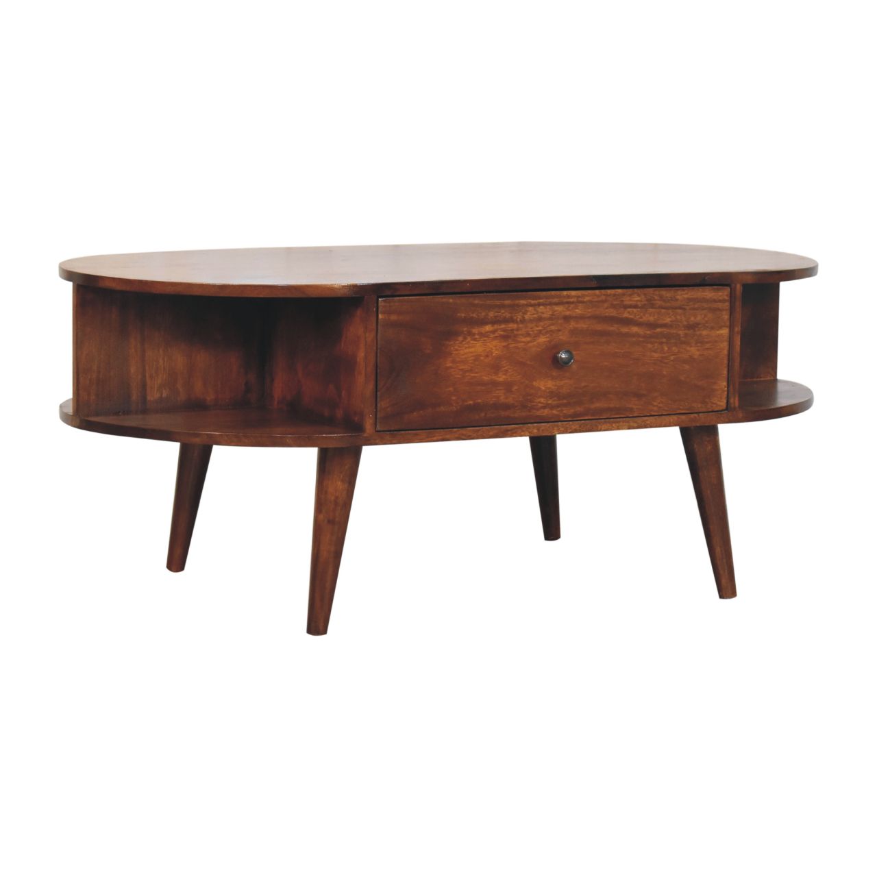 Chestnut Coffee Table Oval with 2 Drawers by Maple Manor, mango wood oval table with two drawers and lower shelf