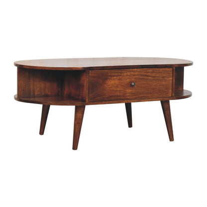 Chestnut Coffee Table Oval with 2 Drawers by Maple Manor, mango wood oval table with two drawers and lower shelf