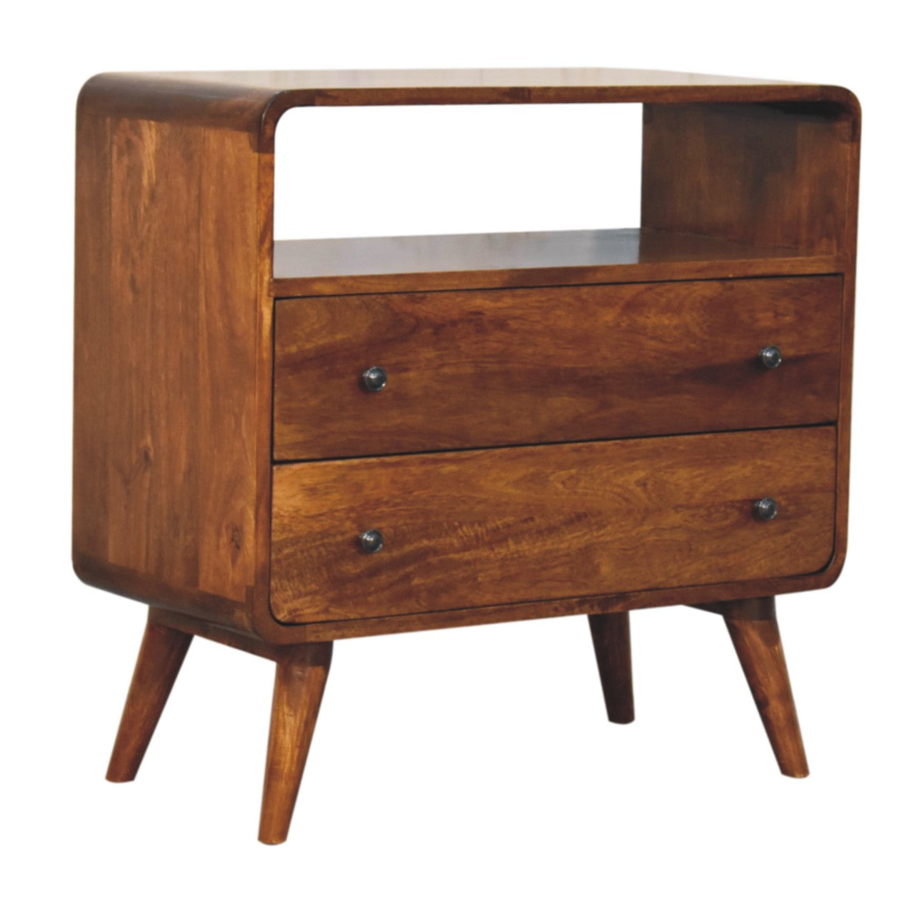 Chest of Drawers - Curved Nordic Charm Maple Manor solid wood drawers with curved Nordic shape and black knobs