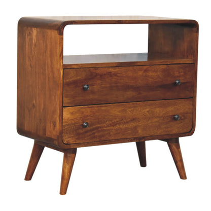 Chest of Drawers - Curved Nordic Charm Maple Manor solid wood drawers with curved Nordic shape and black knobs