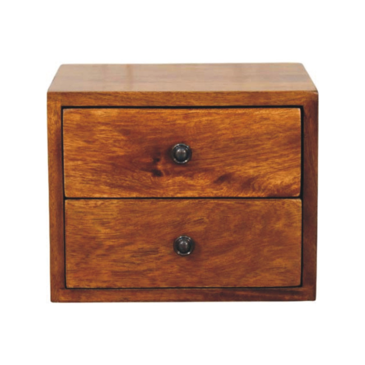 Wall Mounted Bedside 2-Drawer Chestnut Solis by Maple Manor in solid wood, two-drawer cabinet with dark knobs