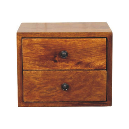 Wall Mounted Bedside 2-Drawer Chestnut Solis by Maple Manor in solid wood, two-drawer cabinet with dark knobs