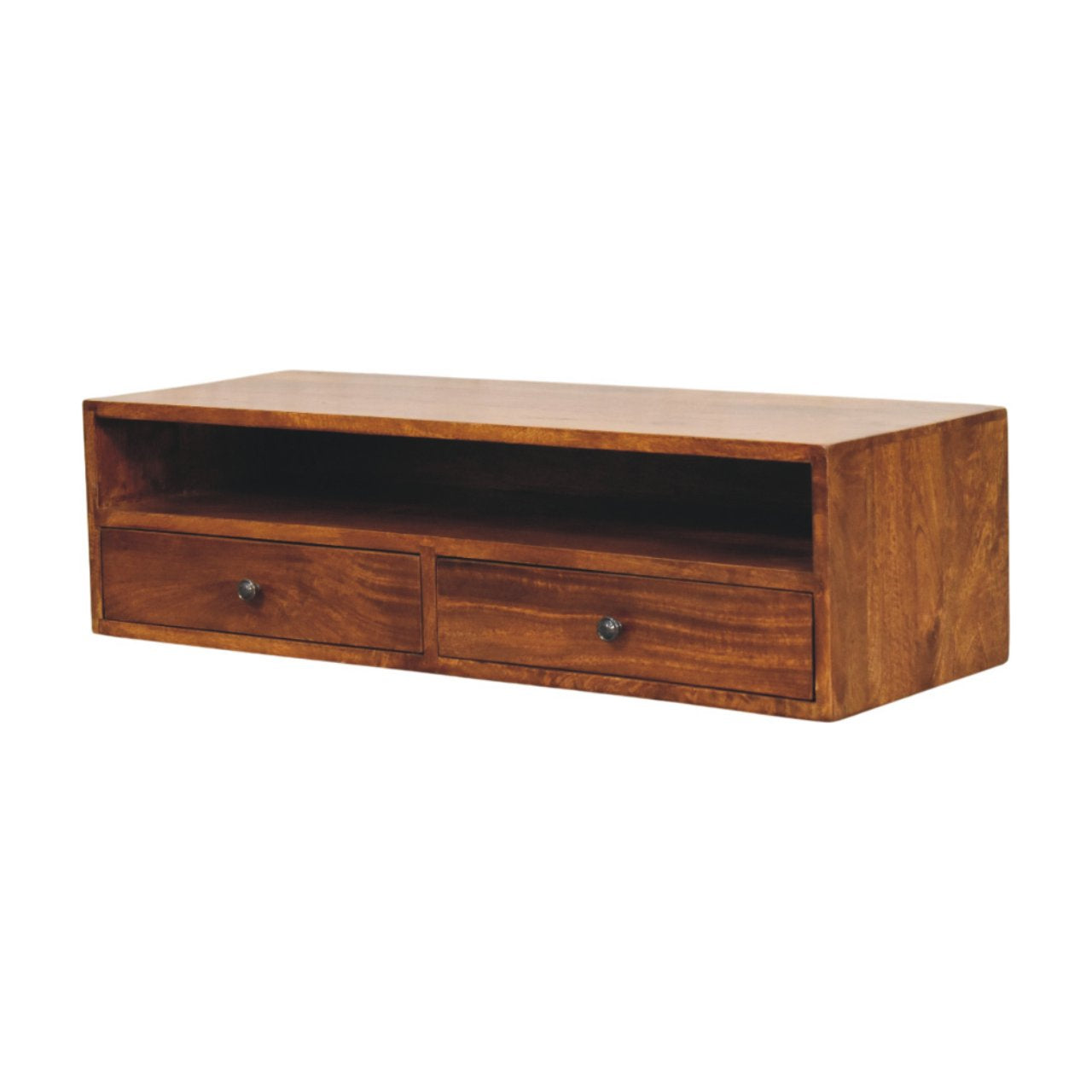 Wall Mounted Media Unit - Lunar 2 Drawer Chestnut by Maple Manor, solid wood TV cabinet with two drawers