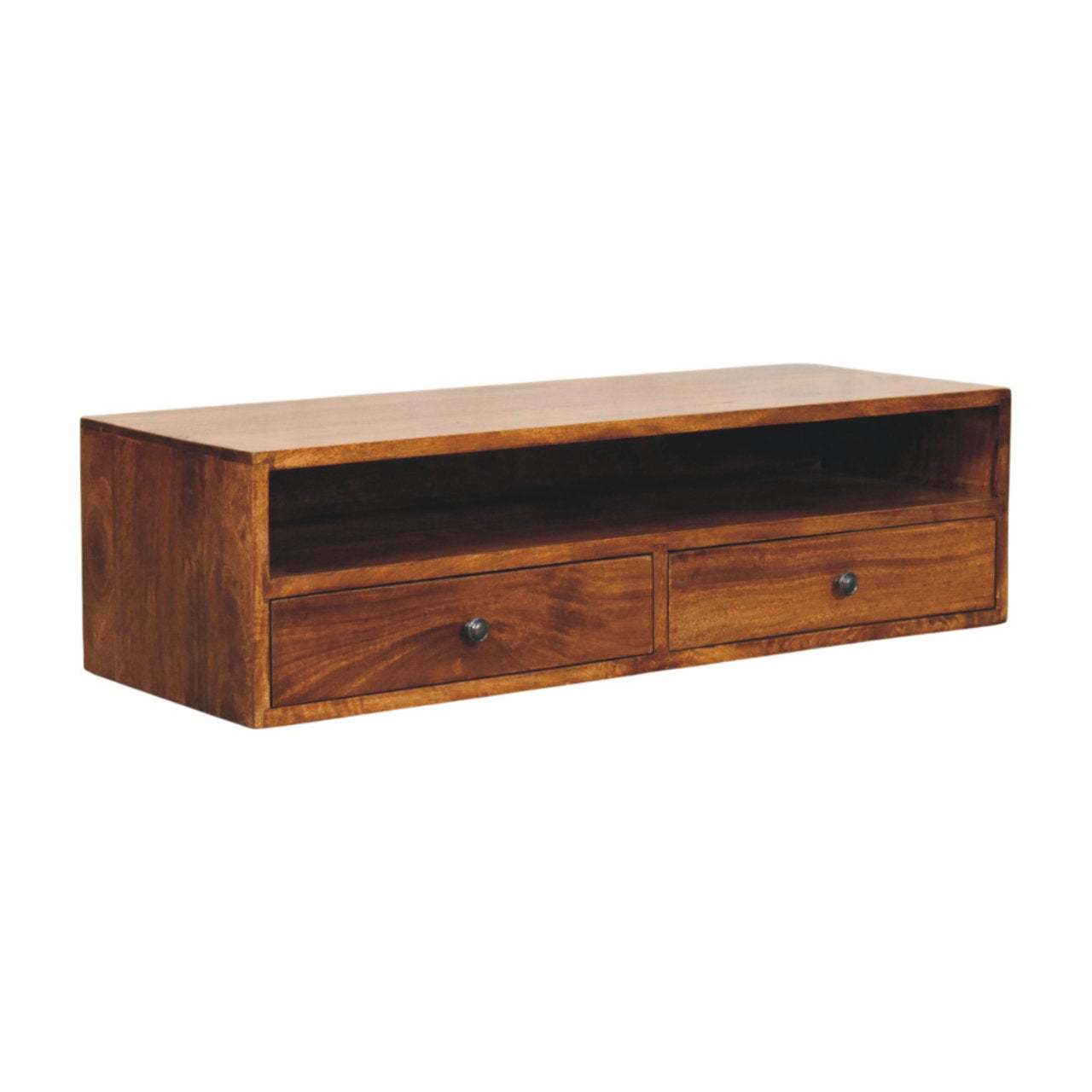 Wall Mounted Media Unit - Lunar 2 Drawer Chestnut by Maple Manor solid wood with two drawers, chestnut finish