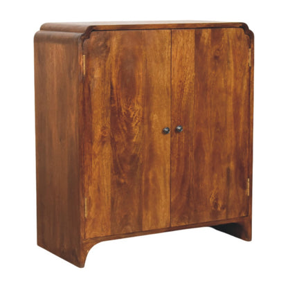 Chestnut Cabinet Newton by Maple Manor solid wood cabinet with two doors, chestnut-brown finish and metal knobs