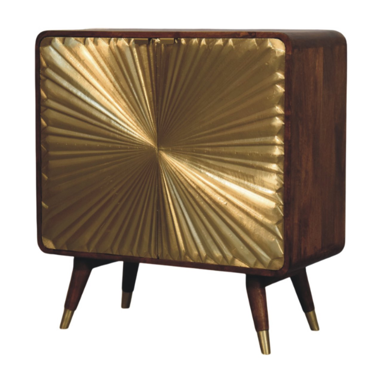 Chestnut Cabinet 2 Door Avora Brass Embossed by Maple Manor with two doors and golden brass embossed pattern