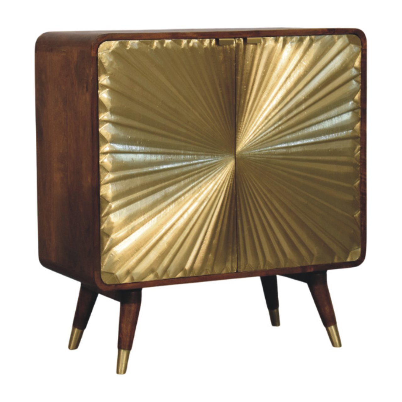 Chestnut Cabinet 2 Door Avora Brass Embossed by Maple Manor, chestnut wood cabinet with brass embossed doors and gold legs.
