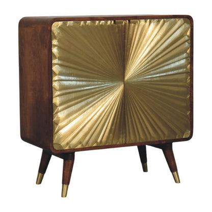 Chestnut Cabinet 2 Door Avora Brass Embossed by Maple Manor, chestnut wood cabinet with brass embossed doors and gold legs.