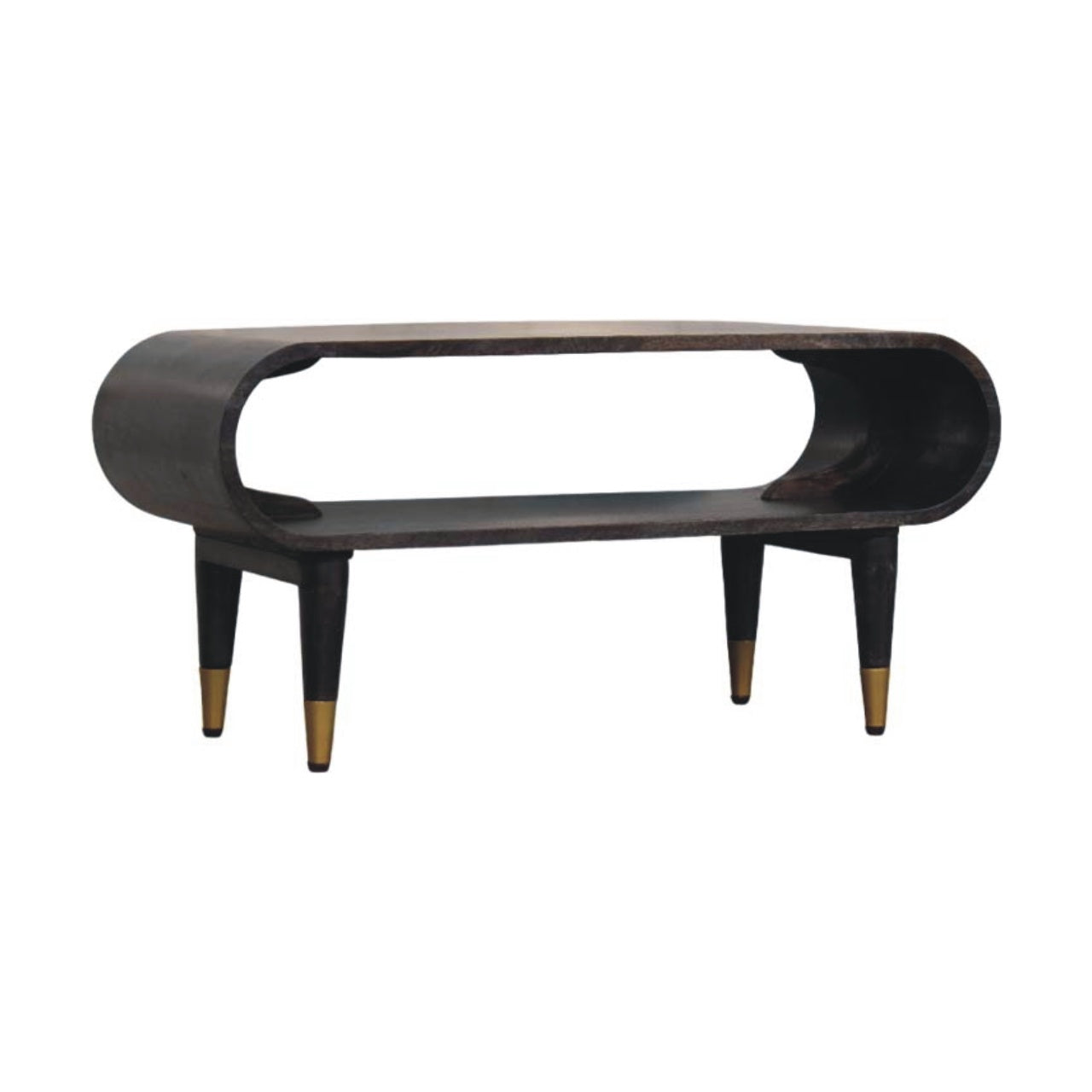 Curved Media Unit with Brass Accents by Maple Manor, solid wood media unit with curved cutout and brass legs