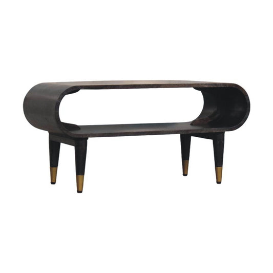Curved Media Unit with Brass Accents by Maple Manor, solid wood media unit with curved cutout and brass legs