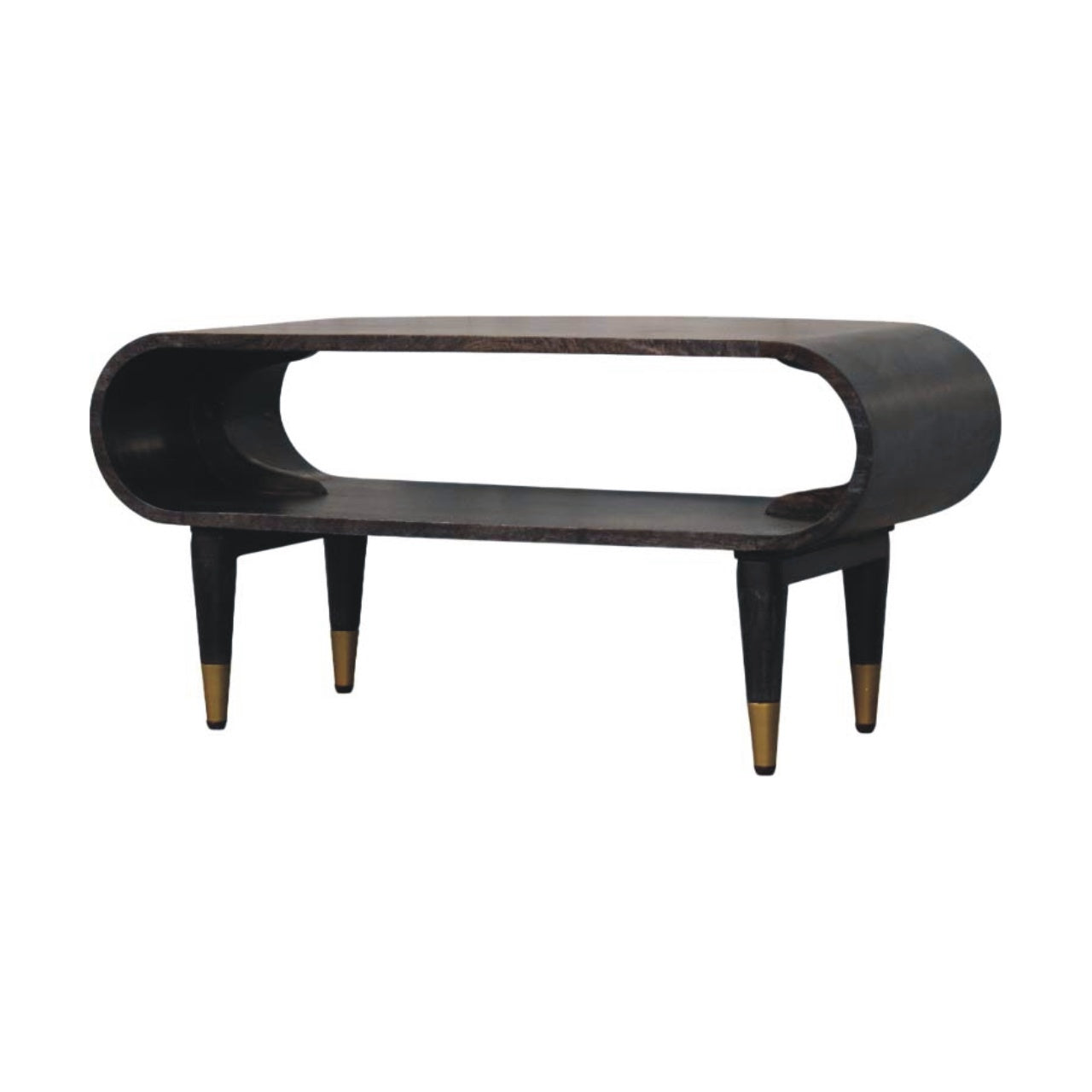 Curved Media Unit with Brass Accents Maple Manor media unit in solid wood with brass legs—curved silhouette