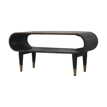 Curved Media Unit with Brass Accents Maple Manor media unit in solid wood with brass legs—curved silhouette