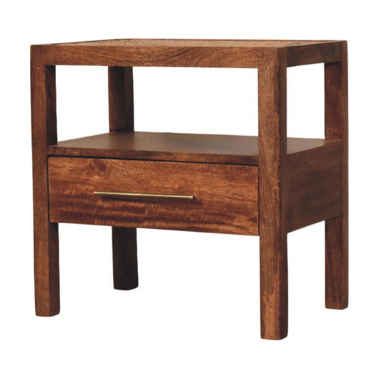 Bedside Stand - The Caldera by Maple Manor solid wood bedside table with drawer and metal handle in warm brown