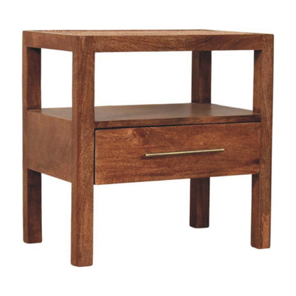 Bedside Stand - The Caldera by Maple Manor solid wood bedside table with one drawer and open shelf.
