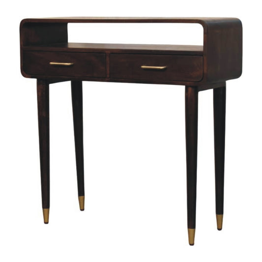 Console Desk - Apollo Loop by Maple Manor, solid wood console table with two drawers and bronze-toned legs.