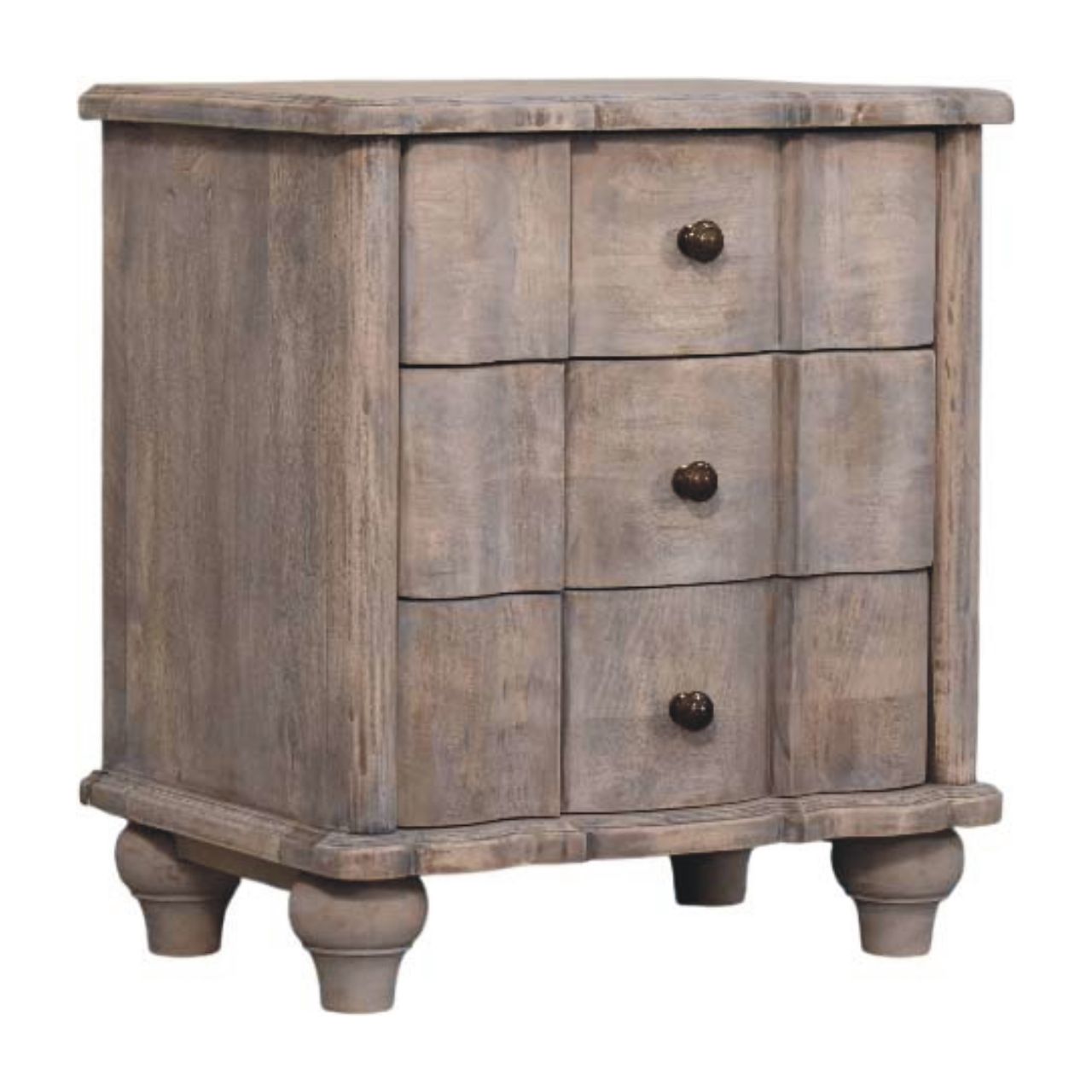 Curved Bedside - Beaumont by Maple Manor bedside table in solid wood with three drawers and round knobs