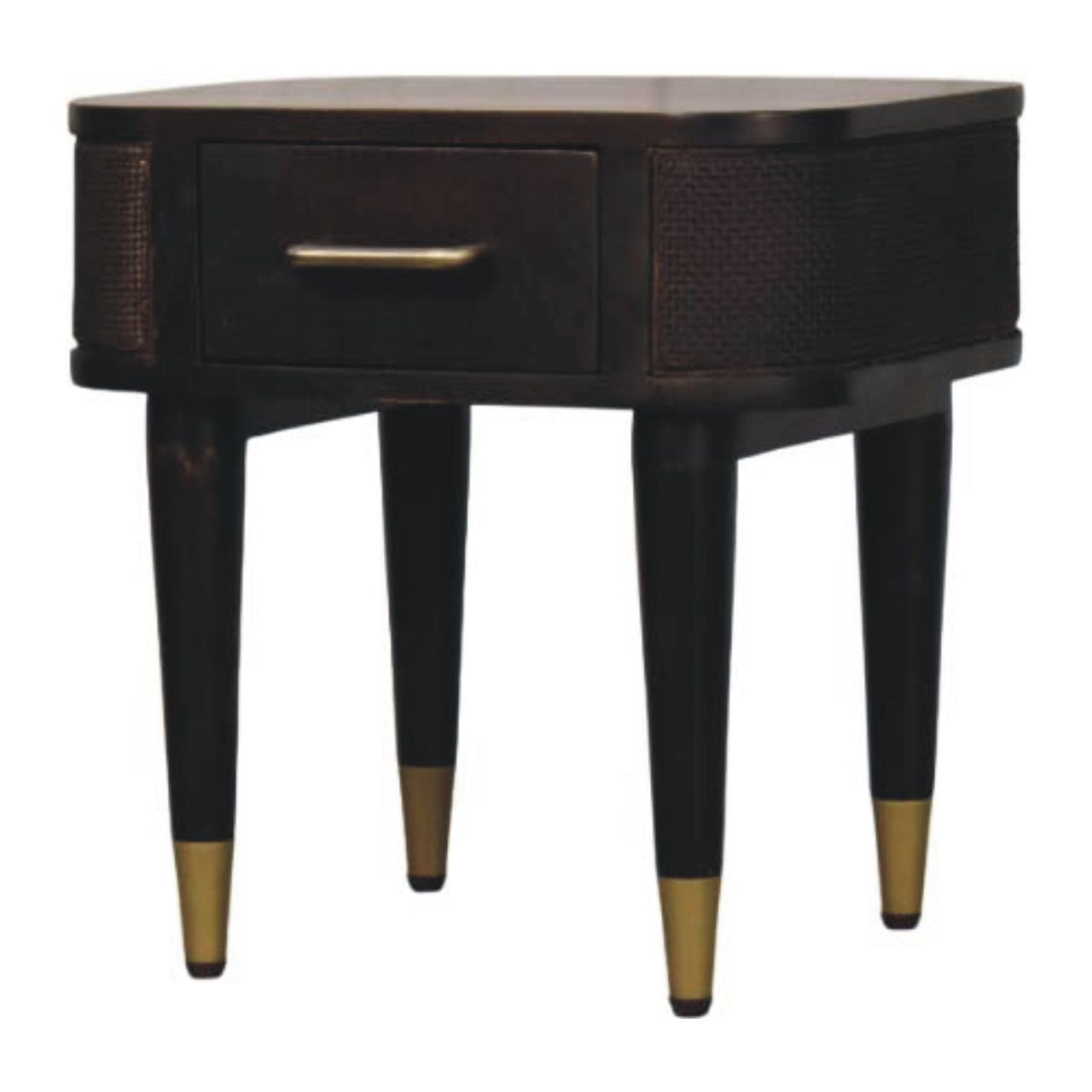 Belmont Bedside by Maple Manor bedside table in dark mango wood with one drawer and gold-tone pull handle.