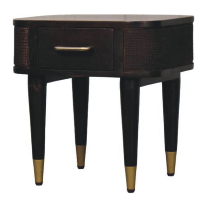 Belmont Bedside by Maple Manor bedside table in dark mango wood with one drawer and gold-tone pull handle.
