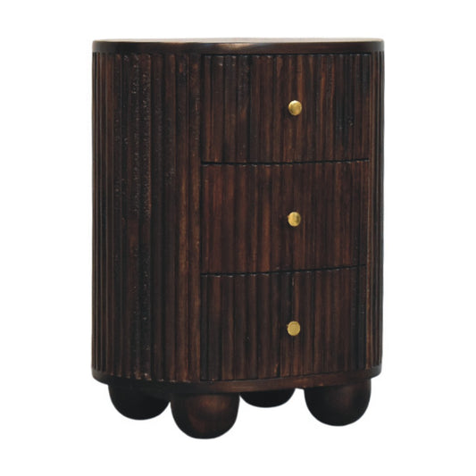 3-Drawer Bedside - Curved Fluted Maple Manor solid wood bedside table with curved fluted front and brass knobs