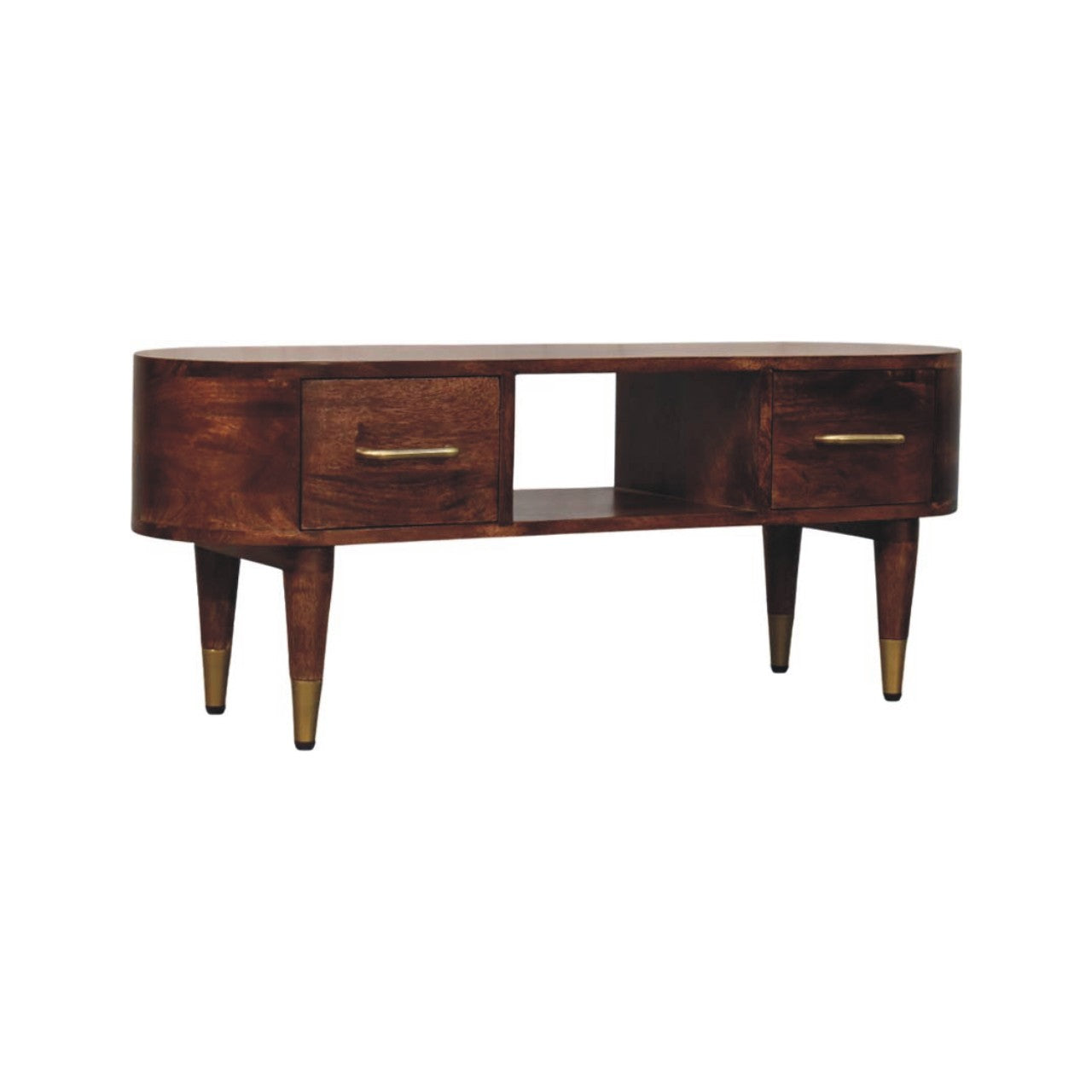 Media Unit - Two Drawer Open Slot Maple Manor media unit in solid wood with two brass-toned handles