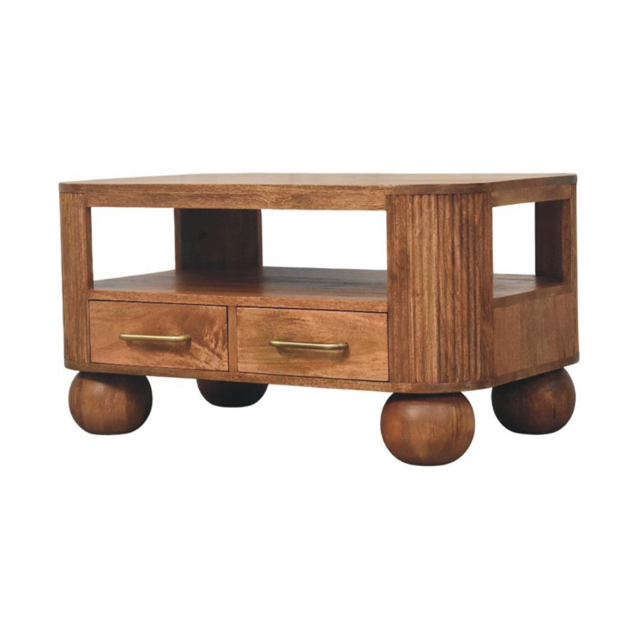 Coffee Table Briarwood Fluted by Maple Manor is a solid wood coffee table with fluted sides, two drawers, and brass pulls.
