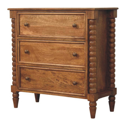 Chest of Drawers - Spindle by Maple Manor, mango wood cabinet with three drawers and turned spindle legs.