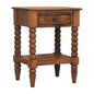 Spindle Bedside by Maple Manor solid wood bedside table in natural brown with drawer and turned legs