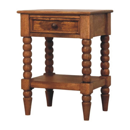 Spindle Bedside by Maple Manor solid wood bedside table with drawer and turned spindle legs in warm brown
