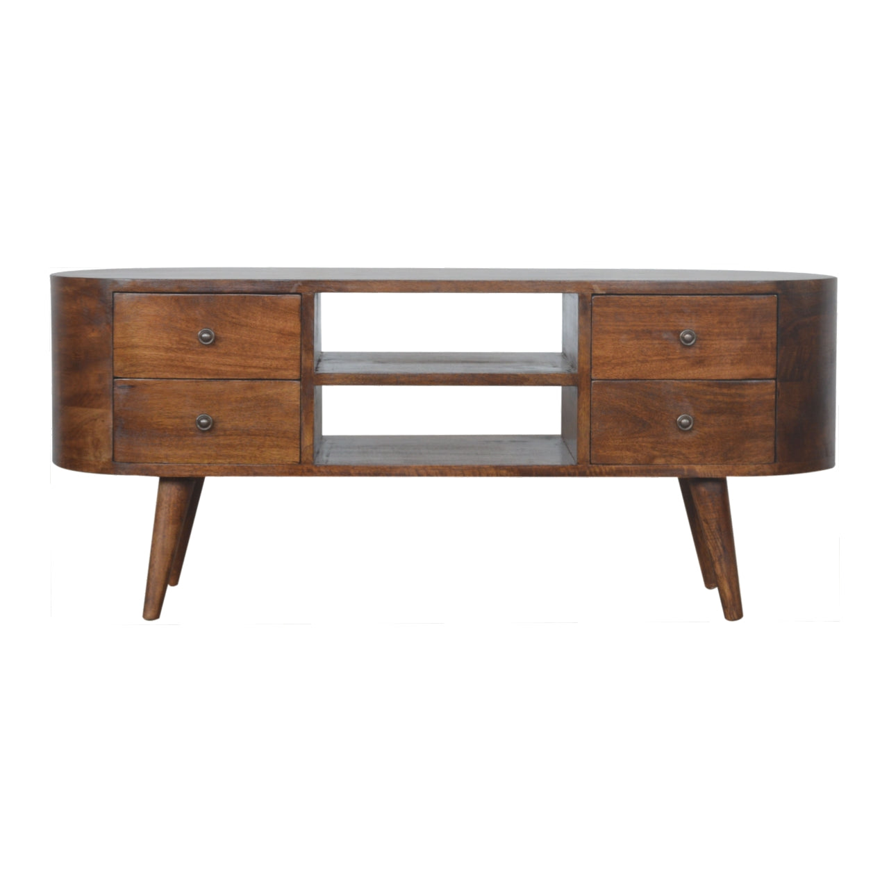 Chestnut Media Unit Rounded by Maple Manor, solid wood media unit with rounded ends, drawers and open shelf.