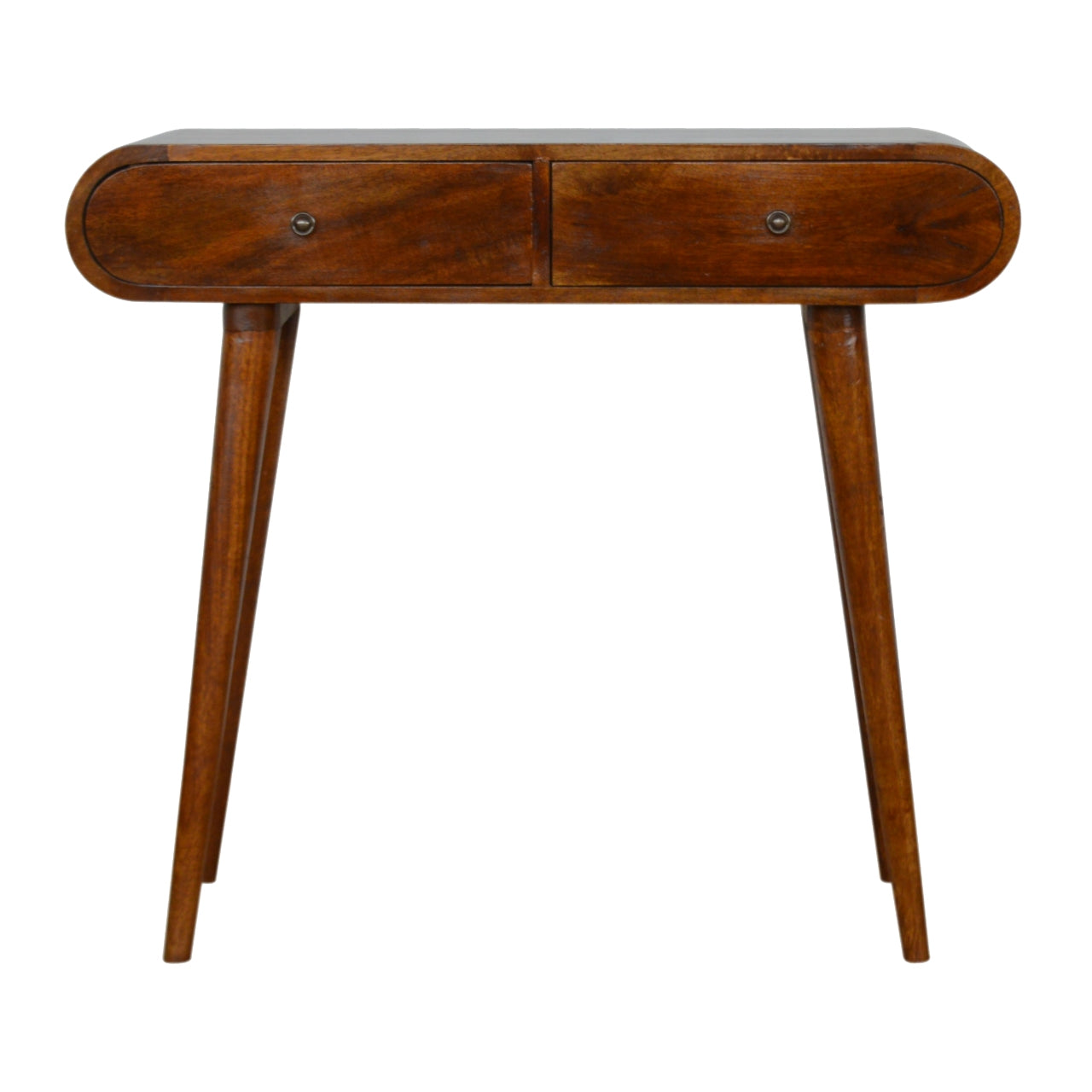 Chestnut Console Table London by Maple Manor console table in solid wood with two drawers and round knobs.