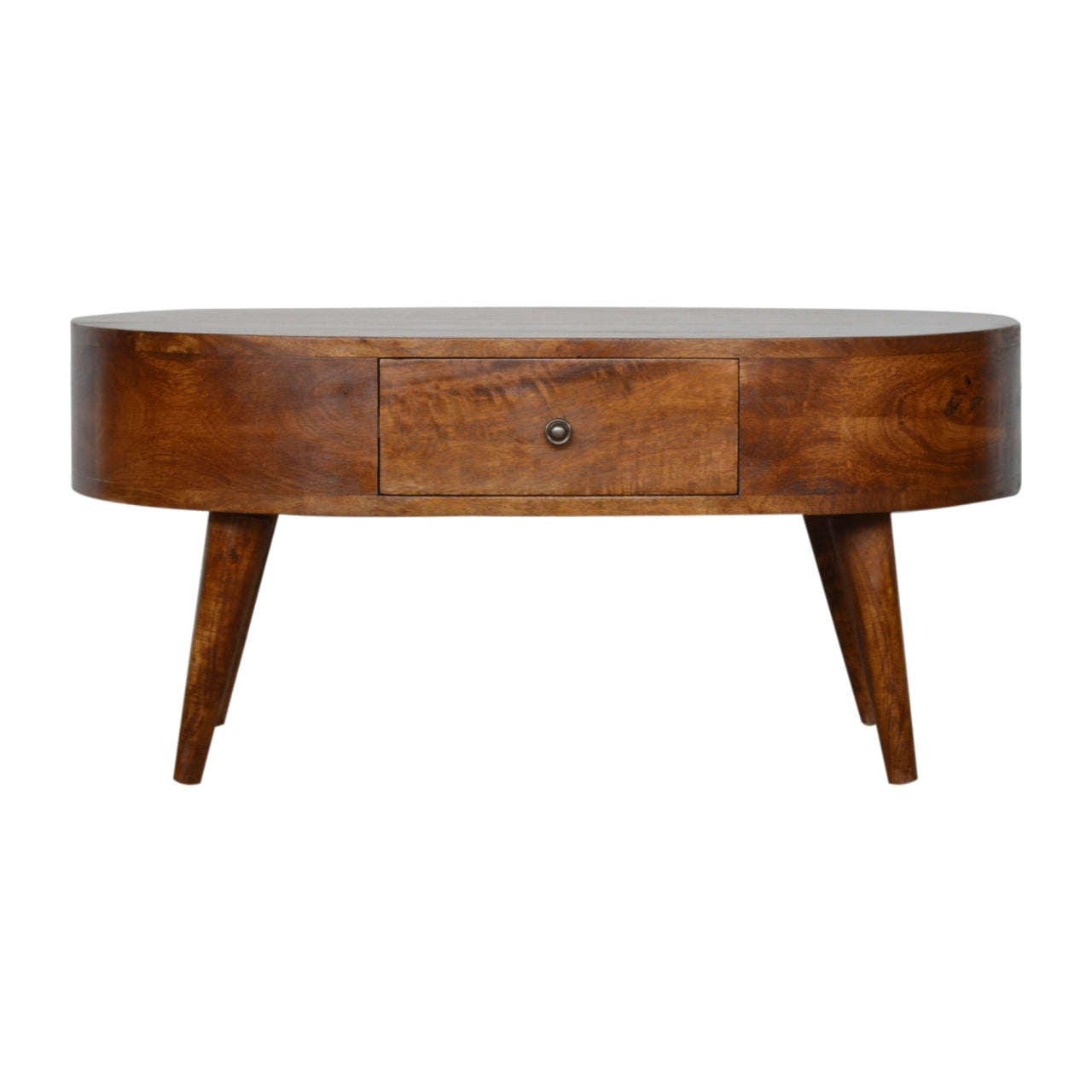Chestnut Coffee Table Rounded by Maple Manor, solid wood coffee table with central drawer and rounded top.