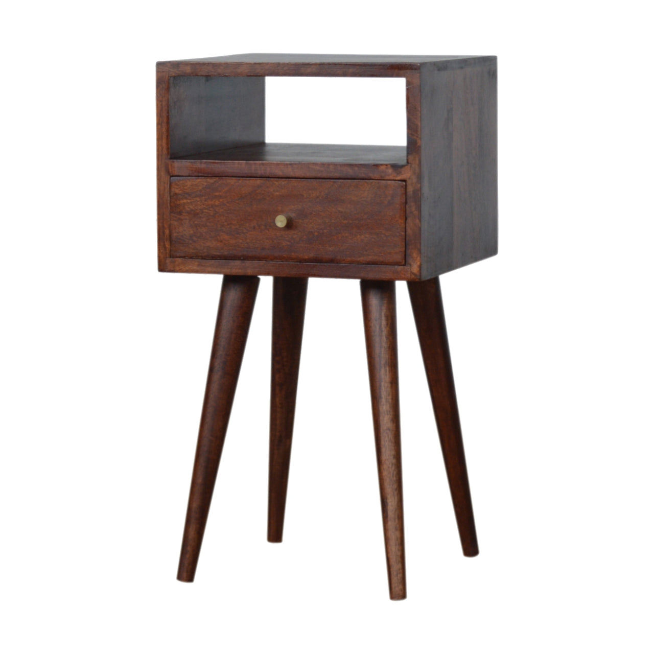 Mini Bedside Cherry Maple Manor bedside table in solid wood cherry tone with open shelf and drawer