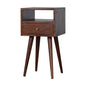 Mini Bedside Cherry Maple Manor bedside table in solid wood cherry tone with open shelf and drawer