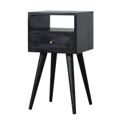 Ash Black Bedside Mini by Maple Manor, solid wood bedside table with drawer and open shelf, dark ash finish.