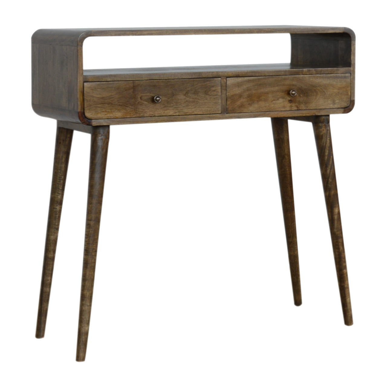 Console Table Curved Grey-wash Maple Manor console table in solid wood with two drawer fronts and curved sides