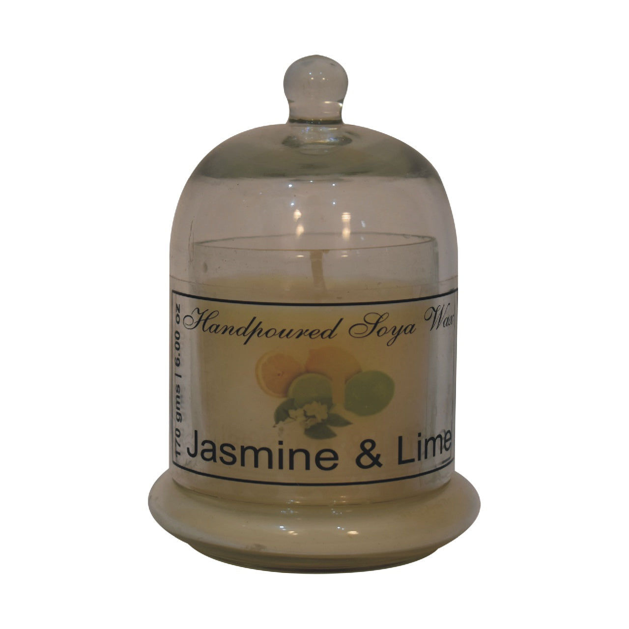 jasmine and lime candle with adome shaped jar. set on a white background