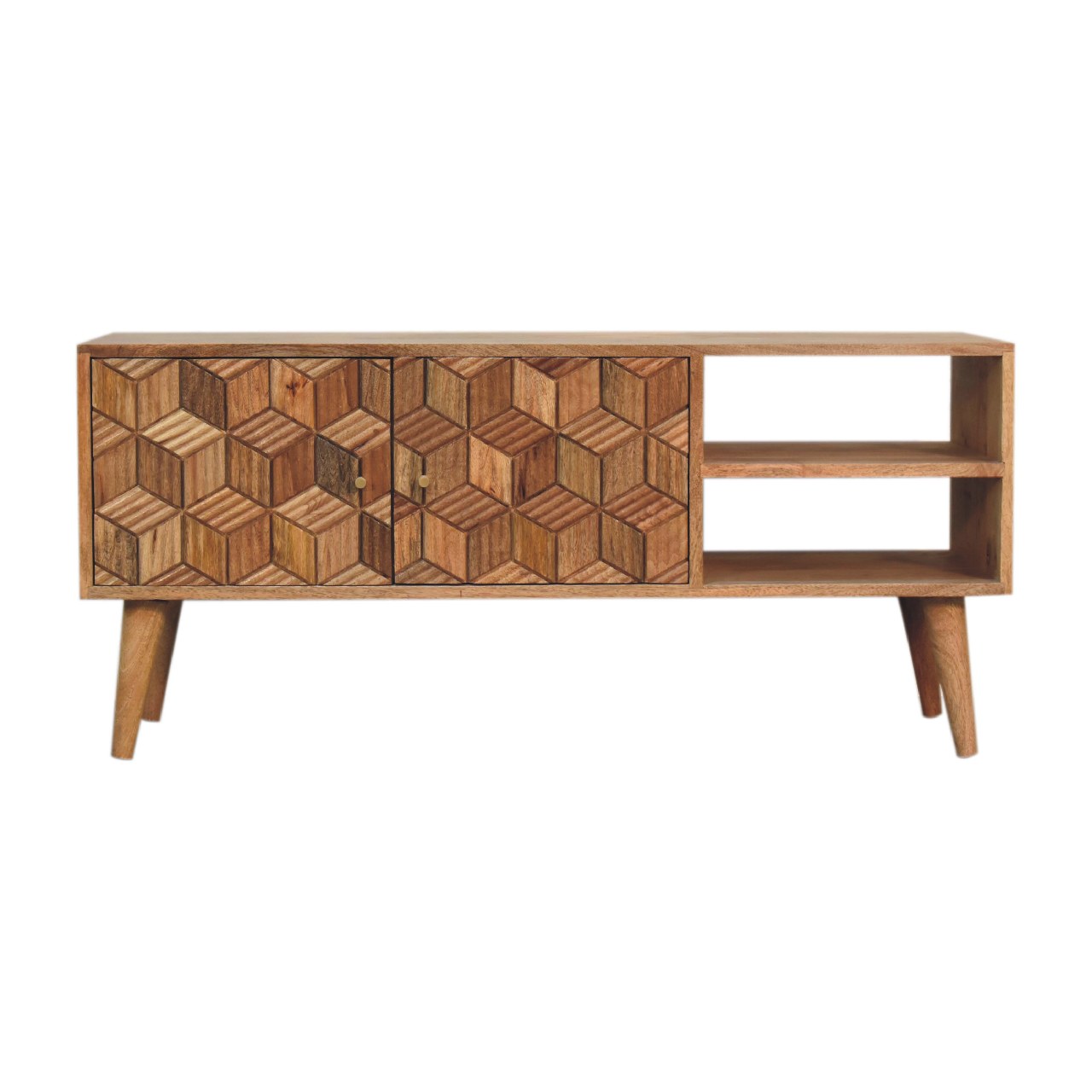 Media Unit - Cubana Maple Manor media unit in solid wood with mango wood geometric doors and open shelves