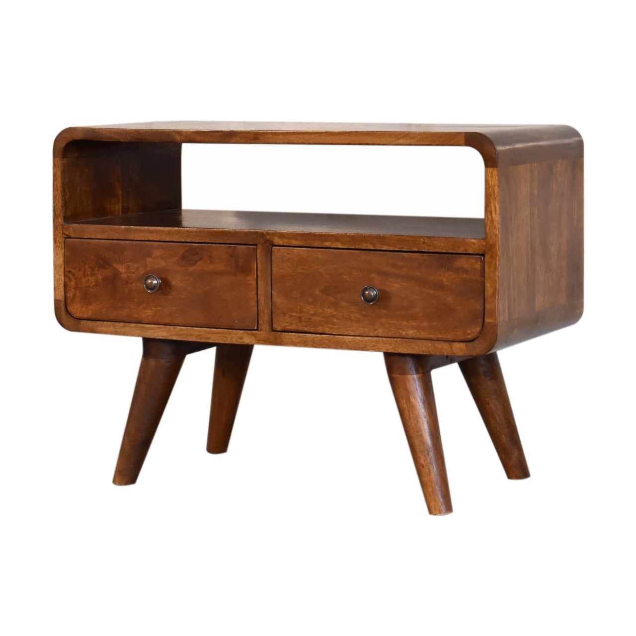 solid wood Media Unit with 2 closed Drawers in a chestnut finish and set on a white background. 