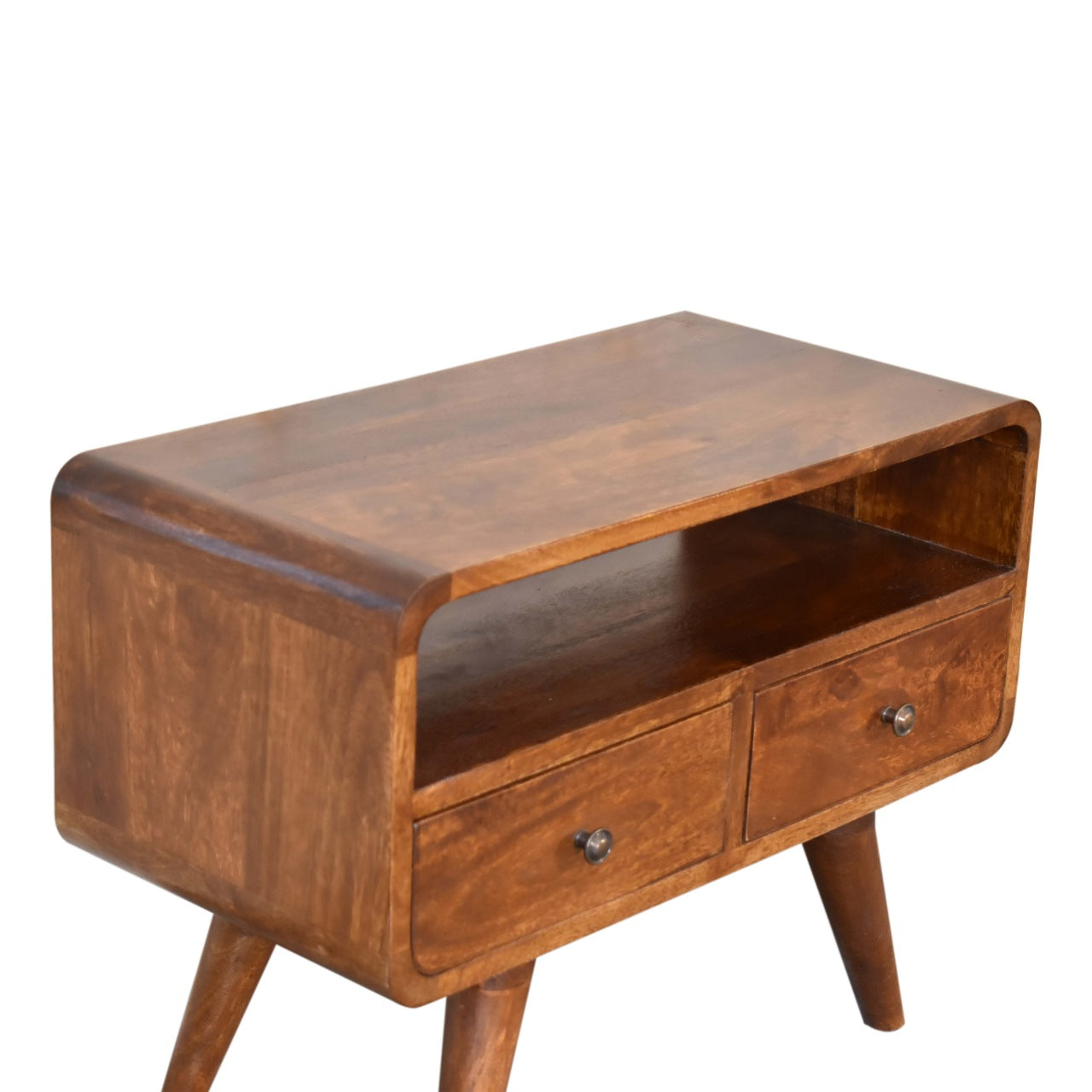 solid wood Media Unit with 2 closed Drawers in a chestnut finish and set on a white background. 