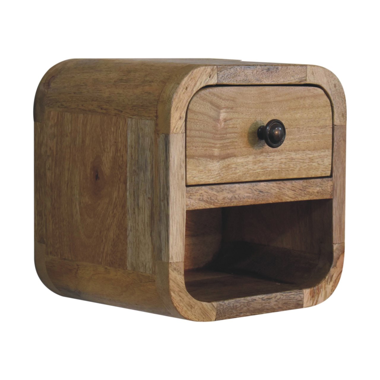 Oak-ish Bedside - Extra Mini Curved with Open Slot by Maple Manor, solid wood wall mounted bedside table