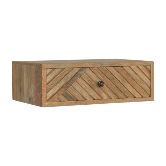 Oak Floating Bedside table full view with closed line carved draw 