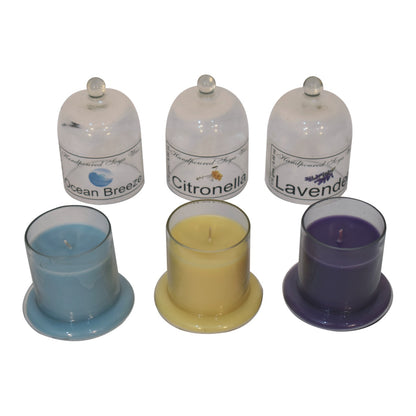 set of 3 ocean breeze, citronella and lavender candles with dome glass lids. set on a white back ground