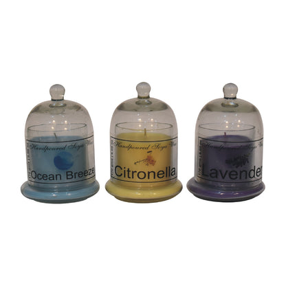 set of 3 dome-shapaed jars with ocean breeze, citronella and lavender candles inside. set on a white background.