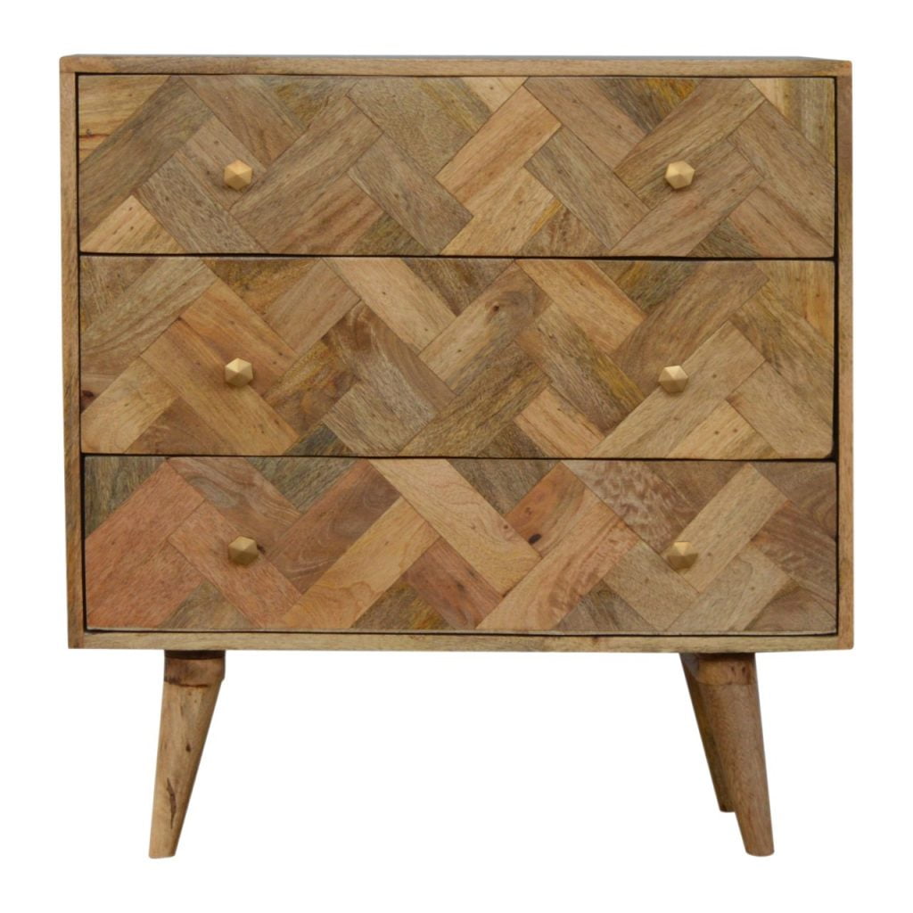 Chest of Drawers - Zig-Zag Patchwork by Maple Manor, solid wood cabinet with geometric patchwork and gold knobs