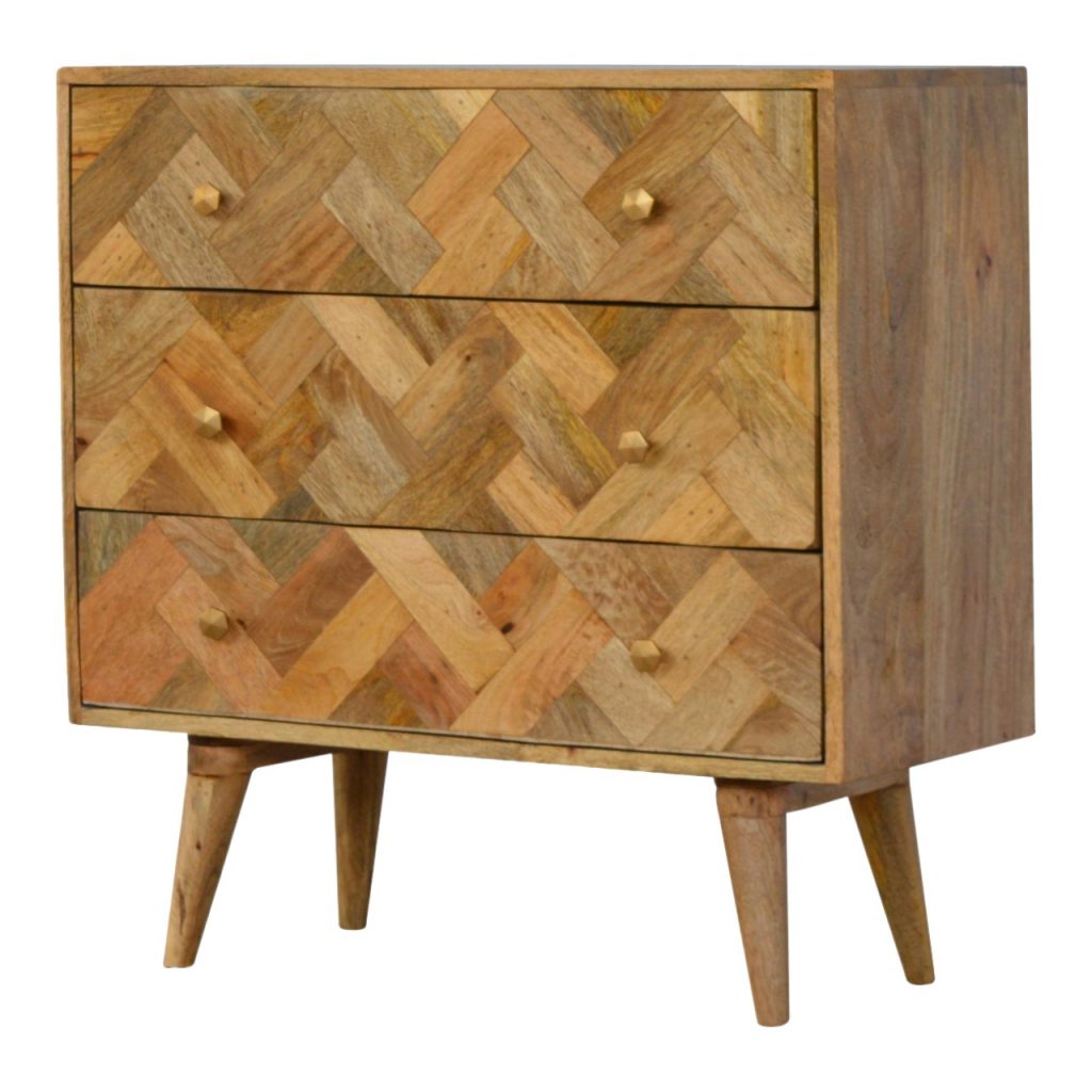 Chest of Drawers - Zig-Zag Patchwork by Maple Manor, solid wood with zig-zag patchwork and brass knobs.