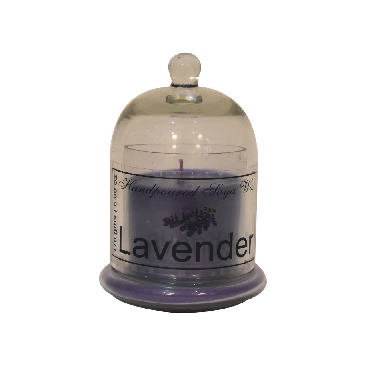 dome-shaped jar with a lavender candle inside. set on a white background