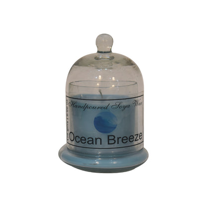 dome-shaped jar with ocean breeze candle inside on a white background.