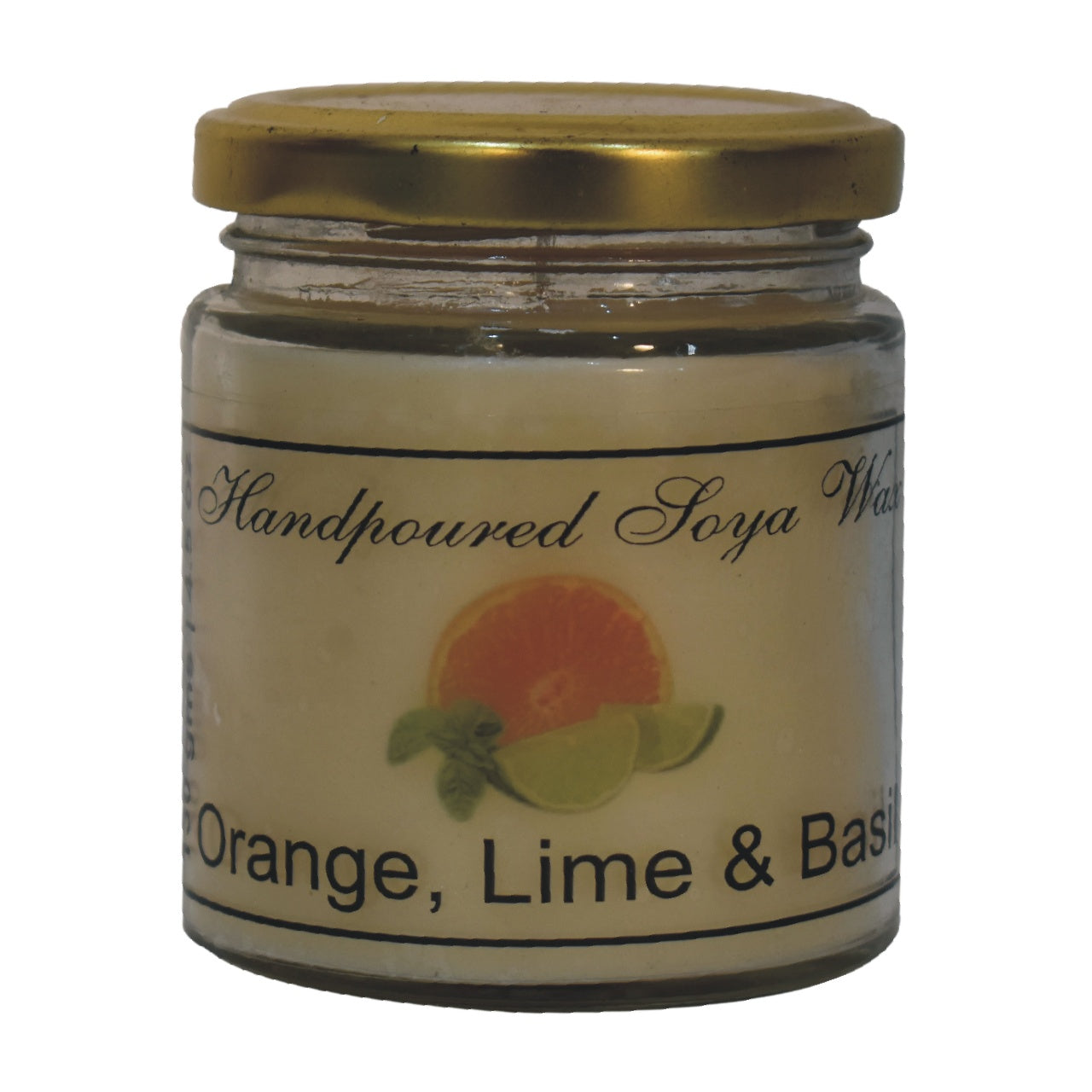 orange lime and basil candle on a white background